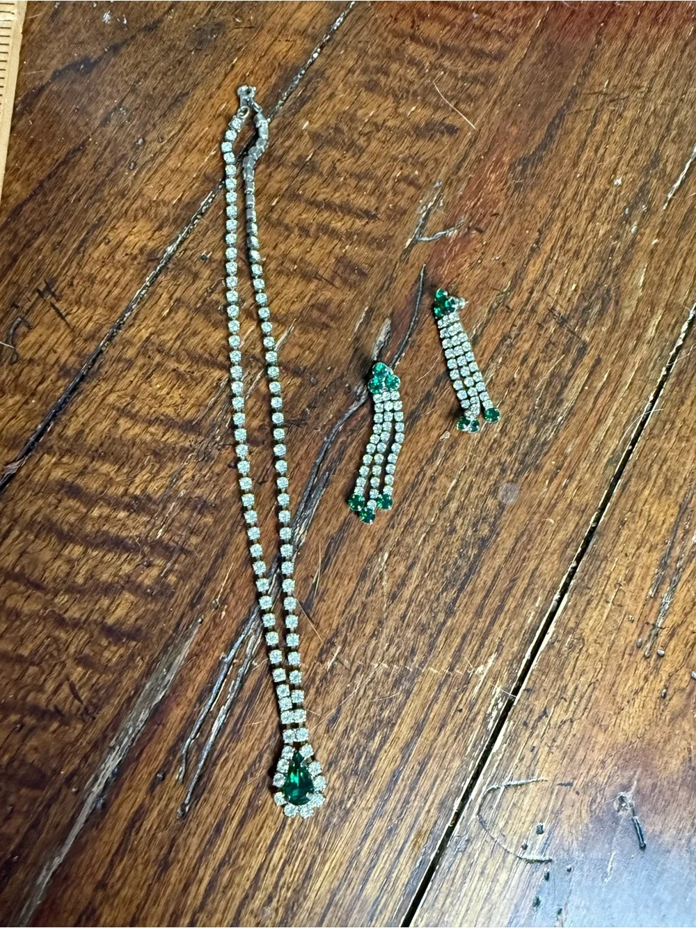 Vintage Costume Rhinestone Necklace and Drop Earrings with Teardrop Accents